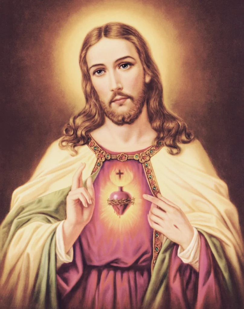 Pan Jezus wskazujący na Najświętsze Serce i&nbsp;unoszący dłoń w&nbsp;geście błogosławieństwa.