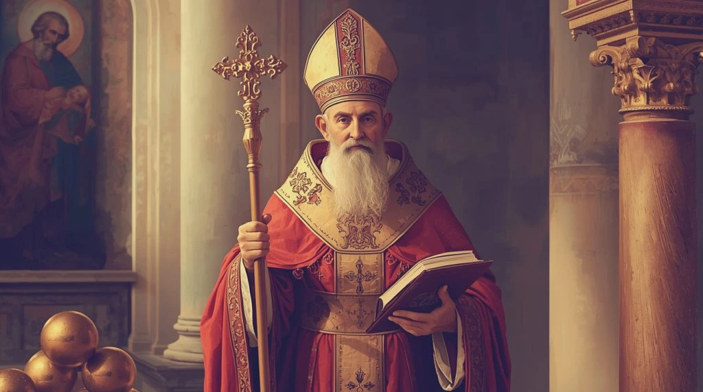 Święty Mikołaj w stroju biskupim, z pastorałem i otwartą księgą.
